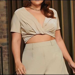 Plus Deep V Neck Twist Front Crop Tee